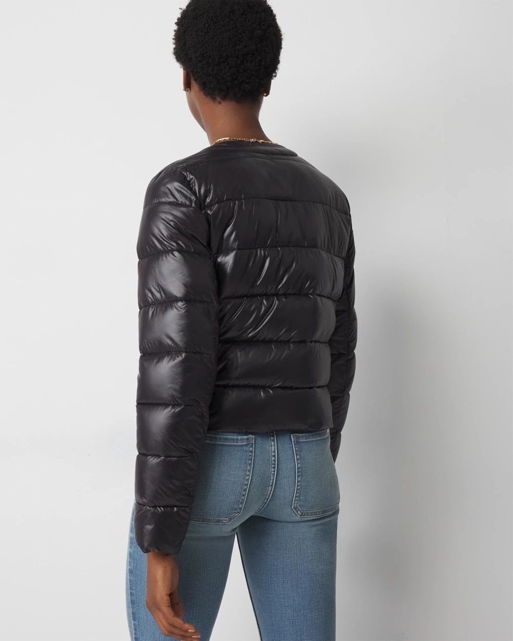 Collarless puffer jacket sale